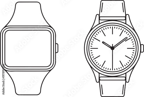 digital and analog wrist watch. one line icon drawing vector