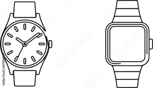 digital and analog wrist watch. one line icon drawing vector