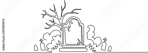 spooky horror scary gravestone grave cemetery memorial halloween. one line icon drawing vector