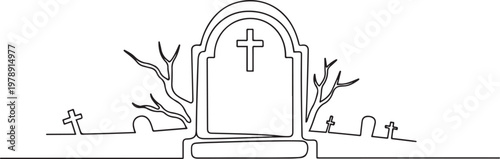 spooky horror scary gravestone grave cemetery memorial halloween. one line icon drawing vector
