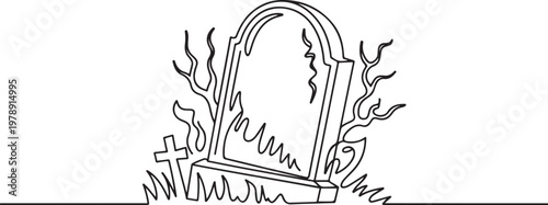 spooky horror scary gravestone grave cemetery memorial halloween. one line icon drawing vector