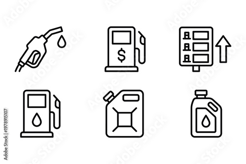 Fuel station and gasoline icons set with fuel pump nozzle gas station price list container petrol jerrycan gasoline transportation business