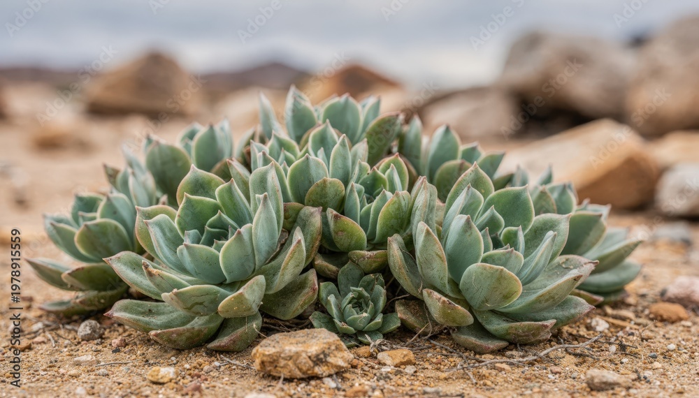 Obraz premium Medium shot of clustered desert succulents with thick waxy leaves in sharp detail contrasted against a softly blurred rocky terrain under diffused daylight.