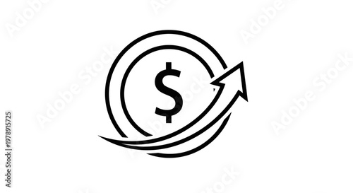 A black line icon of a dollar sign with an arrow.