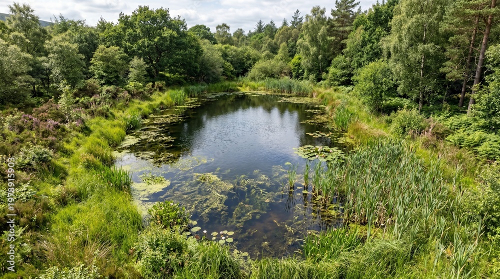 Fototapeta premium Pond with water plants surrounded by trees and grass in a natural setting during daytime in summer
