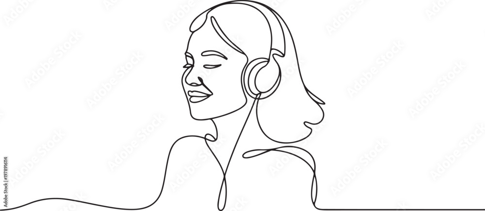 Obraz premium young woman happy listening music melody on headphones earphone object technology entertainment. one line icon drawing vector