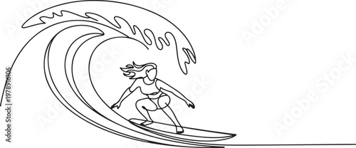 professional surfing athlete woman ride surfboard on big wave. One line art of extreme sport. one line icon drawing vector