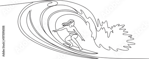 professional surfing athlete woman ride surfboard on big wave. One line art of extreme sport. one line icon drawing vector