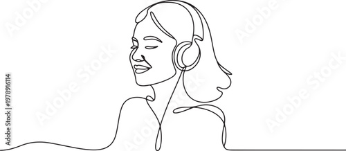 young woman happy listening music melody on headphones earphone object technology entertainment. one line icon drawing vector