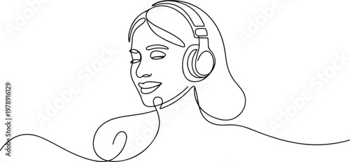 young woman happy listening music melody on headphones earphone object technology entertainment. one line icon drawing vector