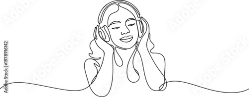 young woman happy listening music melody on headphones earphone object technology entertainment. one line icon drawing vector