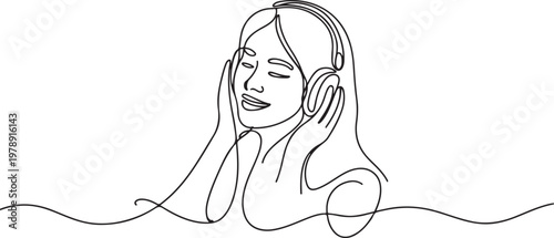 young woman happy listening music melody on headphones earphone object technology entertainment. one line icon drawing vector