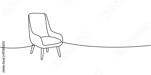 Minimal accent chair with tall backrest in clean line illustration. Elegant silhouette with simple form