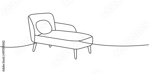 Lounge chaise with cushion in minimalist line drawing. Relaxing furniture for modern interior design