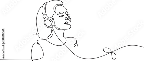 young woman happy listening music melody on headphones earphone object technology entertainment. one line icon drawing vector