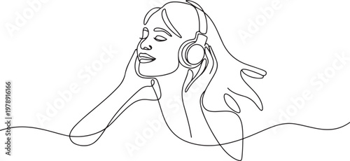 young woman happy listening music melody on headphones earphone object technology entertainment. one line icon drawing vector