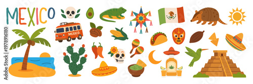 Mexico culture icons collection with food, animals, symbols and traditional festive elements