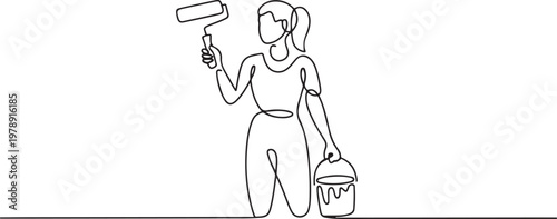 woman female painter holding painting roller and paint bucket can. one line icon drawing vector