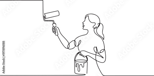 woman female painter holding painting roller and paint bucket can. one line icon drawing vector