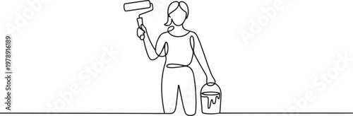 woman female painter holding painting roller and paint bucket can. one line icon drawing vector