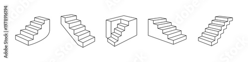 Set of 5 outline stair icons. Isometric staircase designs in minimal line art.
