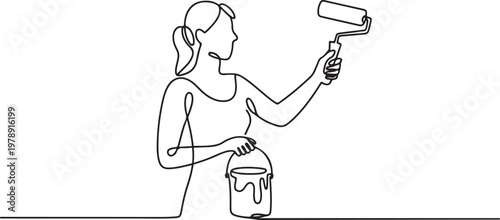 woman female painter holding painting roller and paint bucket can. one line icon drawing vector