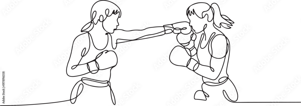 Fototapeta premium Continuous one line drawing of female boxing player combat . Two Kingboxing woman doing combat training. one line icon drawing vector