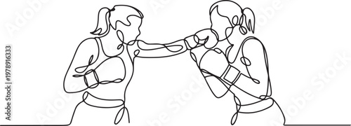 Continuous one line drawing of female boxing player combat . Two Kingboxing woman doing combat training. one line icon drawing vector