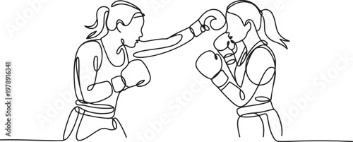 Continuous one line drawing of female boxing player combat . Two Kingboxing woman doing combat training. one line icon drawing vector