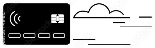 Digital payments, wireless technology, modern banking, fintech, cloud services, security. Minimalist image of a contactless credit card and cloud. Digital payments and wireless technology concept