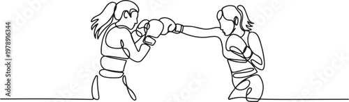 Continuous one line drawing of female boxing player combat . Two Kingboxing woman doing combat training. one line icon drawing vector