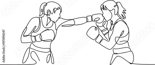 Continuous one line drawing of female boxing player combat . Two Kingboxing woman doing combat training. one line icon drawing vector
