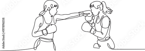 Continuous one line drawing of female boxing player combat . Two Kingboxing woman doing combat training. one line icon drawing vector