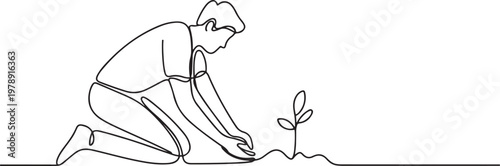 man planting plant on the ground. Gardening single line draw vector illustration. one line icon drawing vector