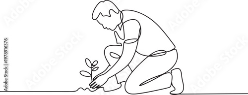 man planting plant on the ground. Gardening single line draw vector illustration. one line icon drawing vector