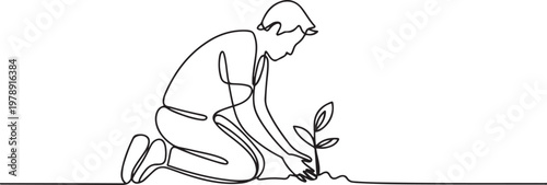 man planting plant on the ground. Gardening single line draw vector illustration. one line icon drawing vector