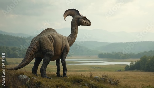 Parasaurolophus dinosaur walks in ancient grassy field near lake and hills. This herbivore reptile lived millions of years ago in prehistoric jungle environment. The creature looks to the right side.
