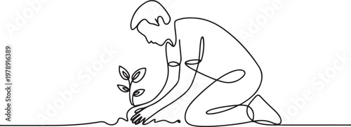 man planting plant on the ground. Gardening single line draw vector illustration. one line icon drawing vector