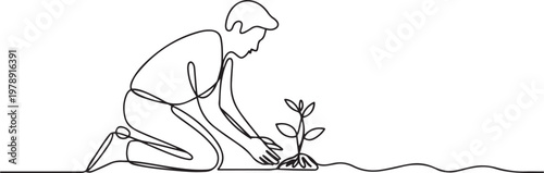 man planting plant on the ground. Gardening single line draw vector illustration. one line icon drawing vector