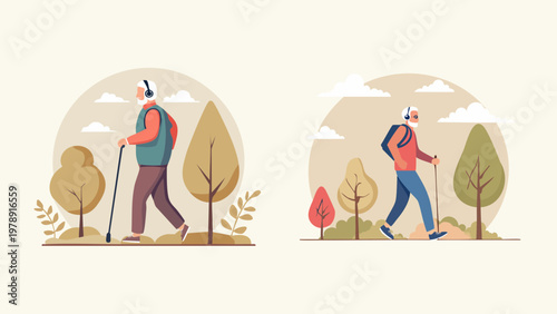 Elderly couple enjoying a leisurely walk in a park with trees and foliage, embracing an active and healthy lifestyle