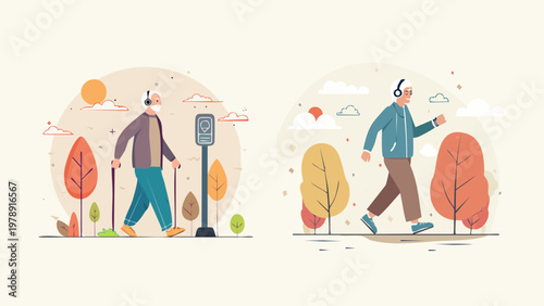 Elderly couple enjoying a leisurely walk in the park during autumn, listening to music on headphones
