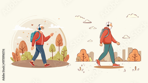 Autumn walk in the park with headphones, enjoying the fall foliage and cityscape views