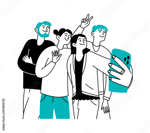 Vector doodle illustration of happy people, friends, men and women. Team, selfie. Friendship concept