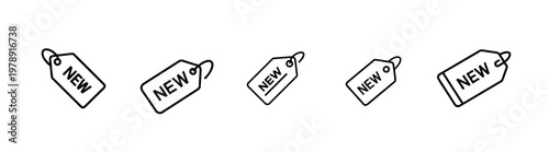 Shopping and retail line icons set featuring product price tags with new text and hand holding gift box vector illustration with editable stroke.