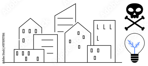 Urban planning, environmental impact, urban sustainability, toxicity, innovation, energy. Minimalist cityscape with buildings, skull and crossbones and light bulb with a branching design. Urban