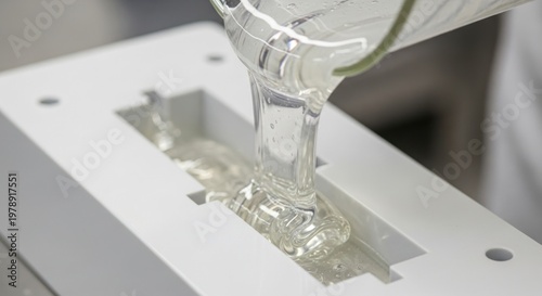 Transparent resin is poured into a white industrial mold from a glass beaker for prototype creation in a professional lab.