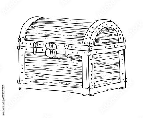 Vector Pirate treasure chest. Hand painted linear illustration. Graphic monochrome sketch isolated on background. For designers, prints, logo, icon, menu, postcards, holiday, covers