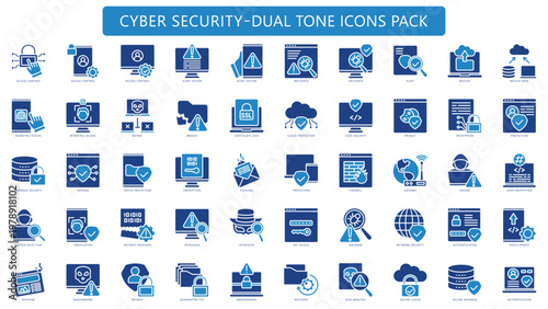 Cyber Security dual tone color icons pack. contain access control, alert, biometric, botnet, privacy, certificate, database, defense and more. Vector EPS 10 for UI or UX kit, web and app development.