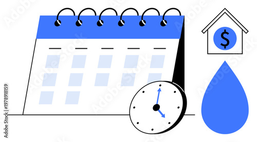 Financial planning, time tracking, budgeting, accounting, loan management, bill payment. Calendar with clock, dollar sign in a house and water drop. Financial planning and time tracking