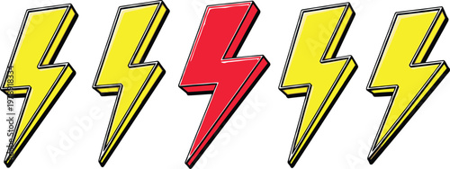Five 3 d lightning bolt shapes, three yellow and two red, arranged in a row on a white background thunderbolt